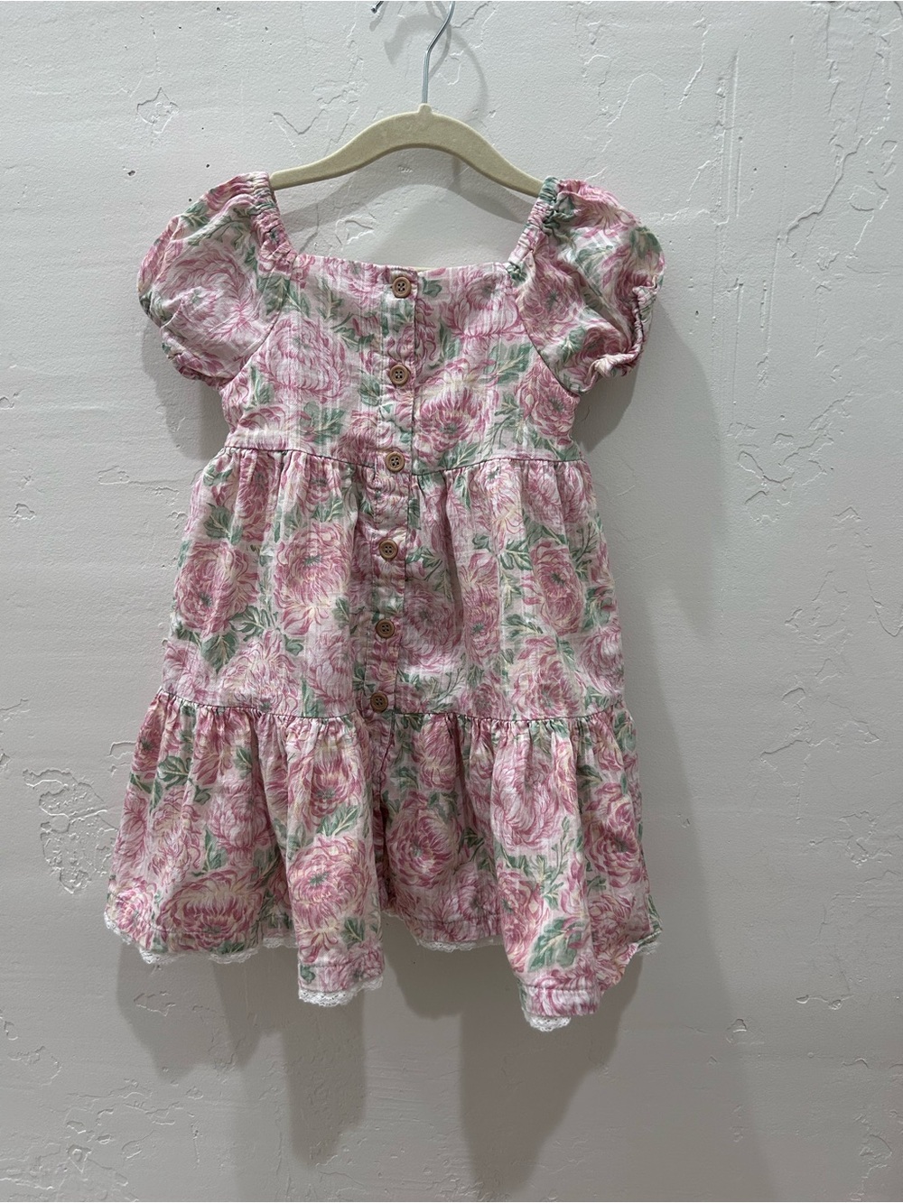 Floral Button-Front Puff Sleeve Dress in Pink and Green